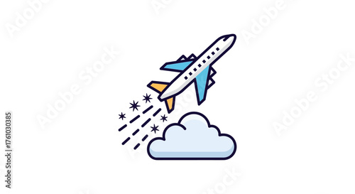 airplane flying through clouds illustrating travel and tourism promotions ideal for showcasing vacation destinations or flight booking services.