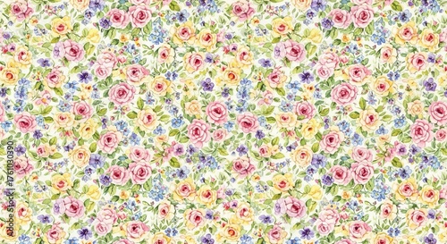 A floral pattern featuring pink and yellow roses with small blue and purple flowers scattered around