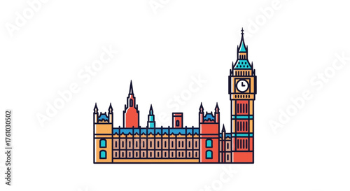 Big Ben and Houses of Parliament illustration landmark architecture in London ideal for travel blogs and UK culture promotions.