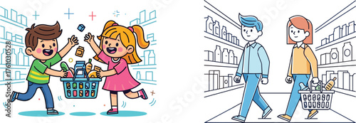 Cartoon and realistic characters grocery shopping, playful vs calm contrast, cheerful lifestyle, animated and subdued style, food responsibility, expressive behavior