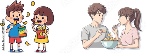 Cartoon and realistic characters eating potato chips, snack joy, shared food moment, artistic contrast, cheerful lifestyle, animated and human connection
