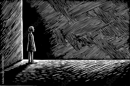 Minimal geometric outline of a figure standing at the precipice of a vast, dark, abstract void