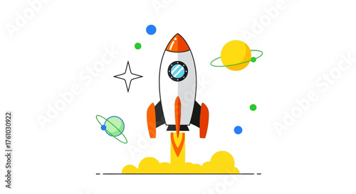 A rocket launching into space with planets and stars, representing space exploration and innovation