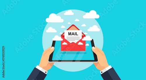Digital communication concept with email inside a tablet screen held by hands, with clouds in the background
