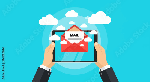 Modern communication technology with email icon on tablet device, concept of sending and receiving messages