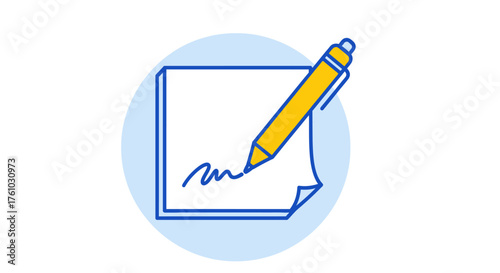 Illustration of a pen signing a document with a note pad and a circular blue border