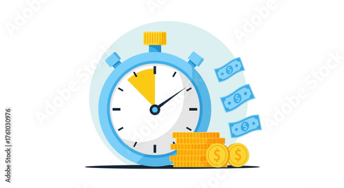 Time is Money Concept Stopwatch and Falling Currency Symbolizing Financial Efficiency and Investment