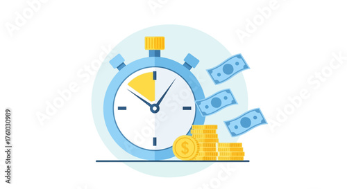 Time is Money Concept with Stopwatch and Falling Bills and Stacked Coins