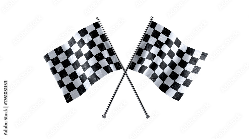 Fototapeta premium Two crossed checkered flags on a white background, cut out transparent