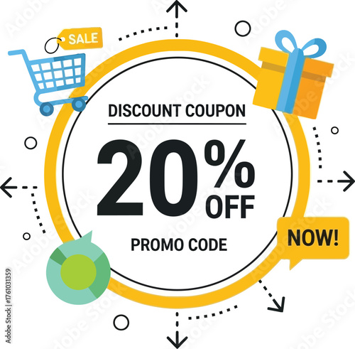 Discount offer 20 percent off sale promotion with shopping cart gift box and globe icons flat design vector illustration isolated on transparent background