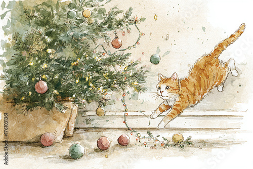 watercolor illustration of playful cat jumping near a Christmas tree against a festive indoor background