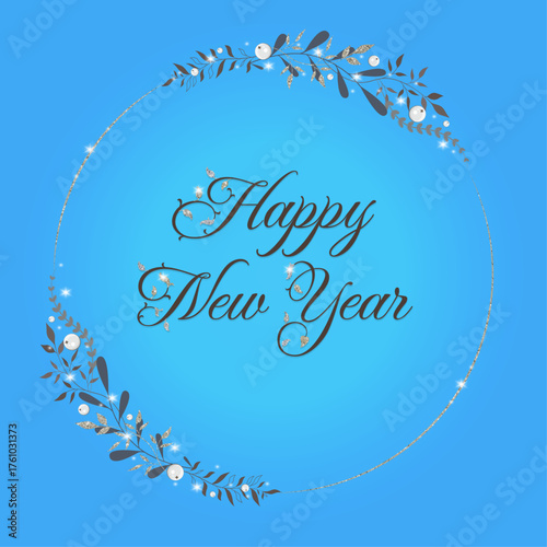 Elegant Christmas and New Year wreath with silver leaves on blue background