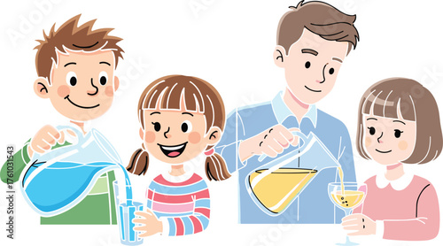 Cartoon children and adults pouring drinks, cheerful lifestyle, animated family gathering moment, pitcher and glass, expressive sharing, colorful beverage scene