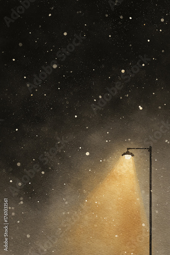 watercolor illustration of snowy street scene with glowing lantern against a dark, winter night background

