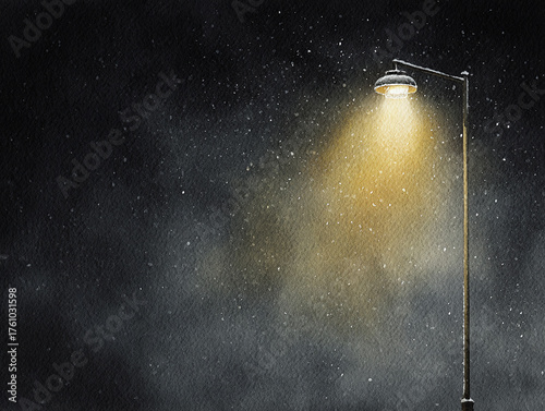 watercolor illustration of snowy street scene with glowing lantern against a dark, winter night background

