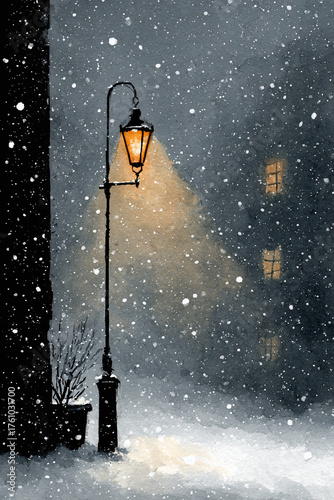 watercolor illustration of snowy street scene with glowing lantern against a dark, winter night background

