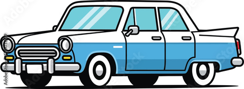 Vintage two-tone blue and white sedan classic automobile retro style side view flat design vector illustration isolated on transparent background