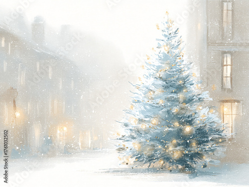 illustration of a snow-covered christmas tree with glowing lights against a misty winter street background