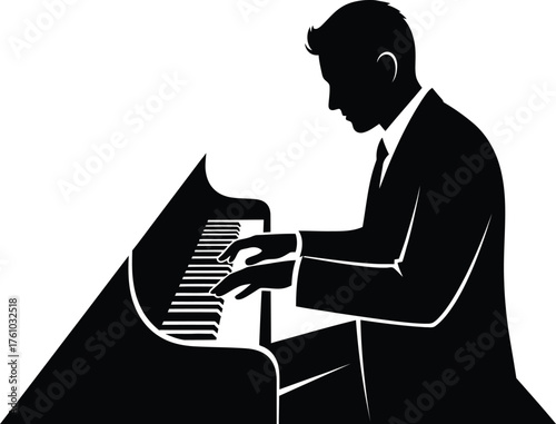 Elegant pianist silhouette playing grand piano music performance artist musician silhouette art flat design vector illustration isolated on transparent background