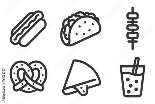 A collection of food icons, including a hot dog, a taco, a sandwich, a cup, and a straw. Vector. 