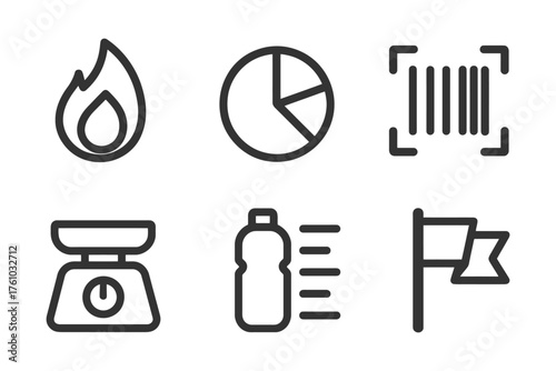 A collection of icons that represent various objects and concepts. These icons include a scale, a bottle, a flag, a barcode, a pie chart. Vector. 