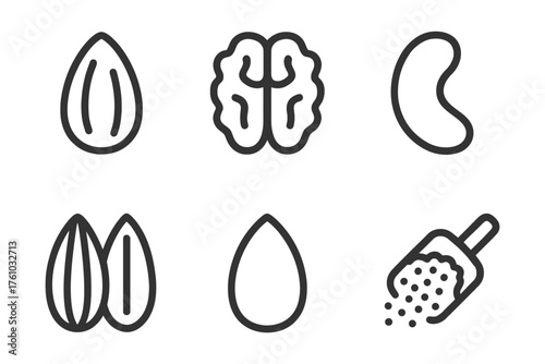 A series of food items including nuts, seeds, and beans. The image is in black and white and has a minimalist style. Vector. 