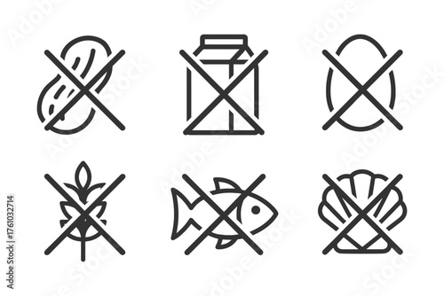 A set of six black and white icons with the word "no" written on them. The icons are of different shapes and sizes. Vector. 