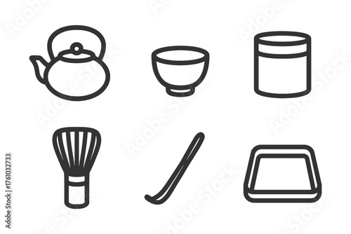 A set of six black and white icons of various kitchen utensils and items. The icons include a tea kettle, a tea bowl, a tea scoop. Vector. 