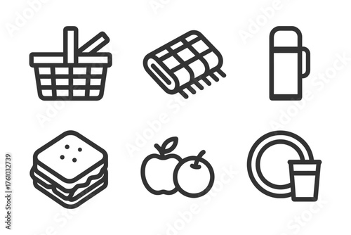 A set of food and drink icons, including a sandwich, apple, and cup. The icons are all black and white. Vector. 