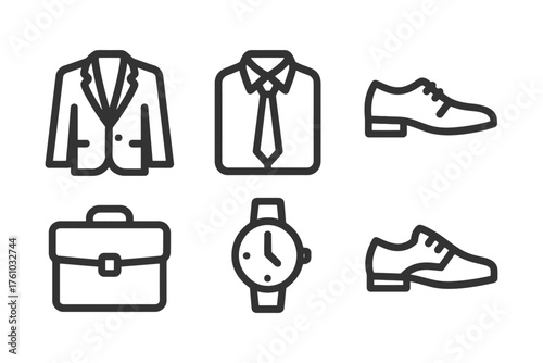 A set of clothing and accessories, including a suit, tie, briefcase, and watch. Concept of professionalism and formality. Vector. 