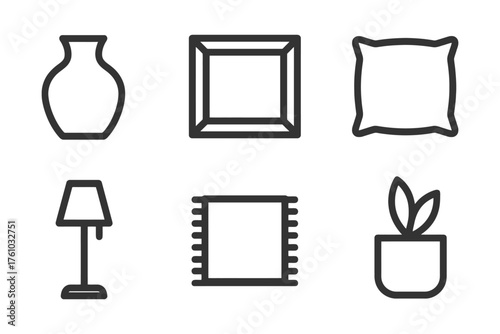 A variety of home decor items, including a vase, lamp, pillow, plant, and picture frame. The vase is tall and slender. The pillow is a soft. Vector. 