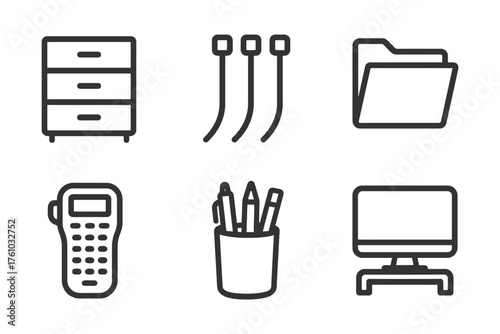 A set of office supplies including a keyboard, mouse, and monitor. Concept of productivity and organization. Vector. 