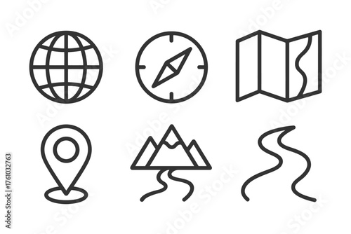 A set of six icons for navigation and travel, including a compass, a map, and a mountain. Vector. 