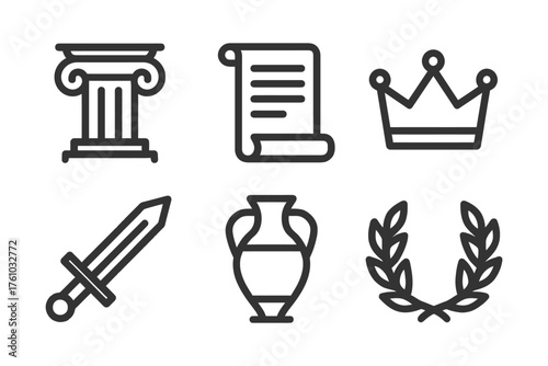 A variety of symbols, including a sword, a crown, a vase, and a scroll. These symbols are arranged in a grid. Vector. 