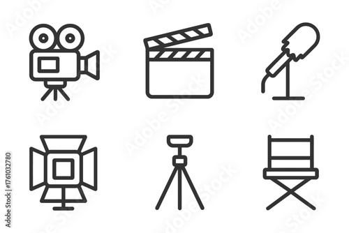 A camera, microphone, and clapperboard are all part of the film industry. The camera is used to capture images. Vector. 