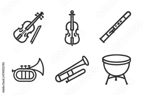A set of musical instruments including a trombone, tuba, and a cello. The instruments are drawn in black and white. Vector. 