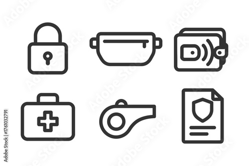 A set of icons for various items, including a key, a wallet, a first aid kit, a whistle, a bag, and a lock. Vector. 