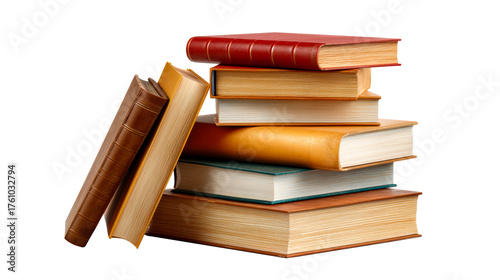 Stack of Leather Bound Books on White, cut out transparent