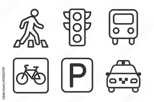 A set of icons for various modes of transportation, including a person walking, a bicycle, a bus, and a car. Vector. 