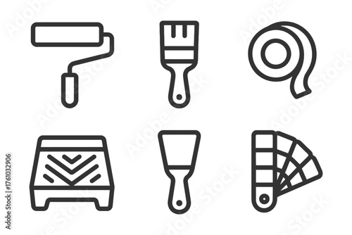 A set of tools for painting and decorating. The tools include a paint roller, paintbrush, paint scraper, and a paint tray. Vector. 