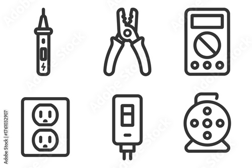 A set of tools and electrical equipment. The tools include a pair of pliers, a pair of wire cutters, a pair of needle nose pliers. Vector. 