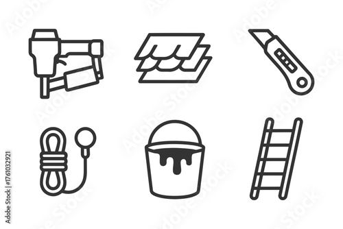 A set of tools and equipment for home improvement. The tools include a hammer, a screwdriver, a pair of scissors, a paint bucket, a ladder. Vector. 