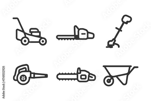 A set of six black and white drawings of lawn care tools. The drawings include a lawn mower, a weed whacker, a chainsaw, a leaf blower. Vector. 