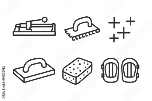 A set of six different tools and cleaning supplies, including a putty knife, a sponge, and a shoe. Vector. 