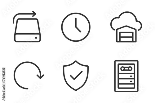 A set of icons for a computer system, including a clock, a disk drive, and a shield. Vector. 