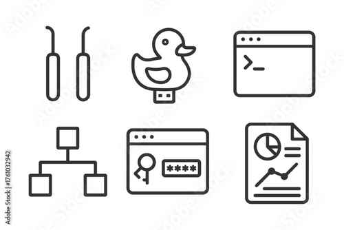 A set of icons for a computer screen. The icons include a computer mouse, a keyboard, a web browser, a file folder, a USB drive. Vector. 