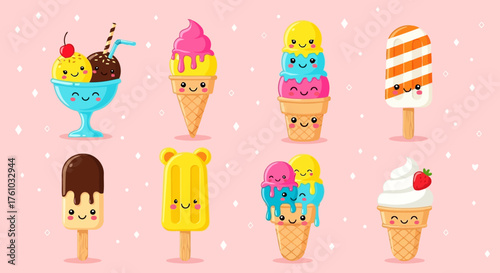 ice cream set. Cute ice cream cone and popsicle characters with smiling faces and kawaii style on a pink background with white dots, perfect for summer treats