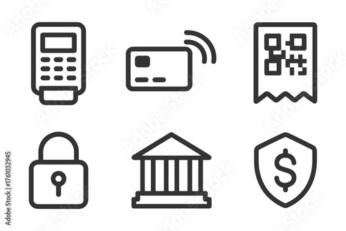 A set of icons for banking and financial services. The icons include a calculator, a credit card, a bank building, a key, a dollar sign. Vector. 