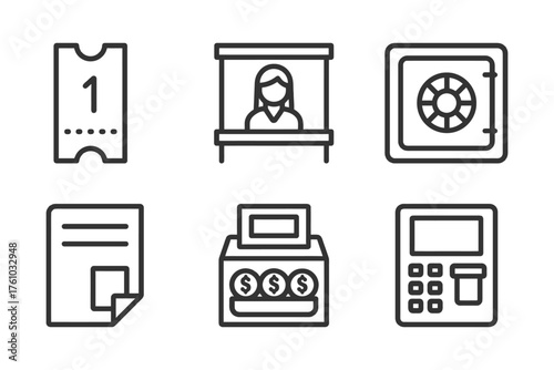 A series of icons for a ticket booth, a ticket, a calculator, a cash register, a safe, and a ticket booth. Vector. 