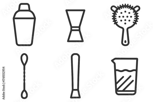 A set of bar tools including a shaker, a spoon, and a strainer. The image is in black and white and has a minimalist feel. Vector. 